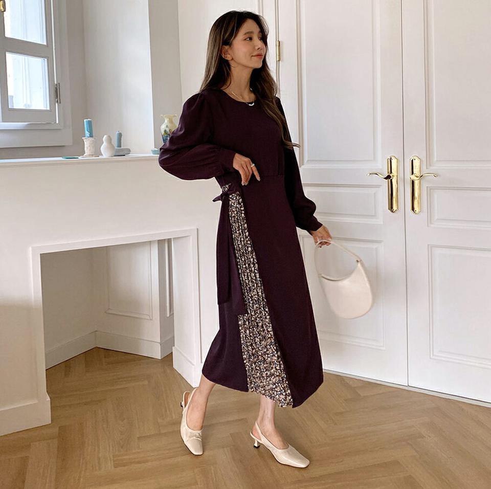 フローラルラップワンピース・全2色・b65490 レディース 【ops】韓国ファッション ワンピース ロング ロングワンピース 大人 ラウンドネック ラップスタイル 花柄 フローラル ストラップ 長袖 ロング丈 シンプル フェミニン 体型カバー 秋 春