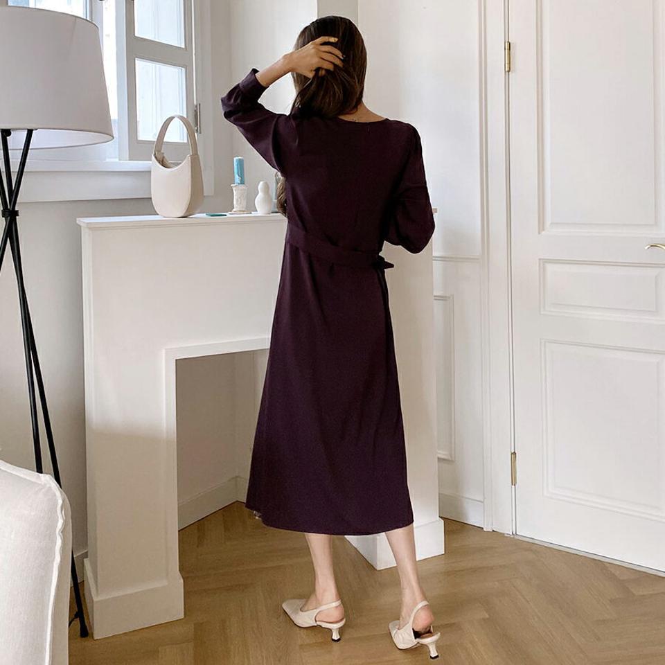 フローラルラップワンピース・全2色・b65490 レディース 【ops】韓国ファッション ワンピース ロング ロングワンピース 大人 ラウンドネック ラップスタイル 花柄 フローラル ストラップ 長袖 ロング丈 シンプル フェミニン 体型カバー 秋 春