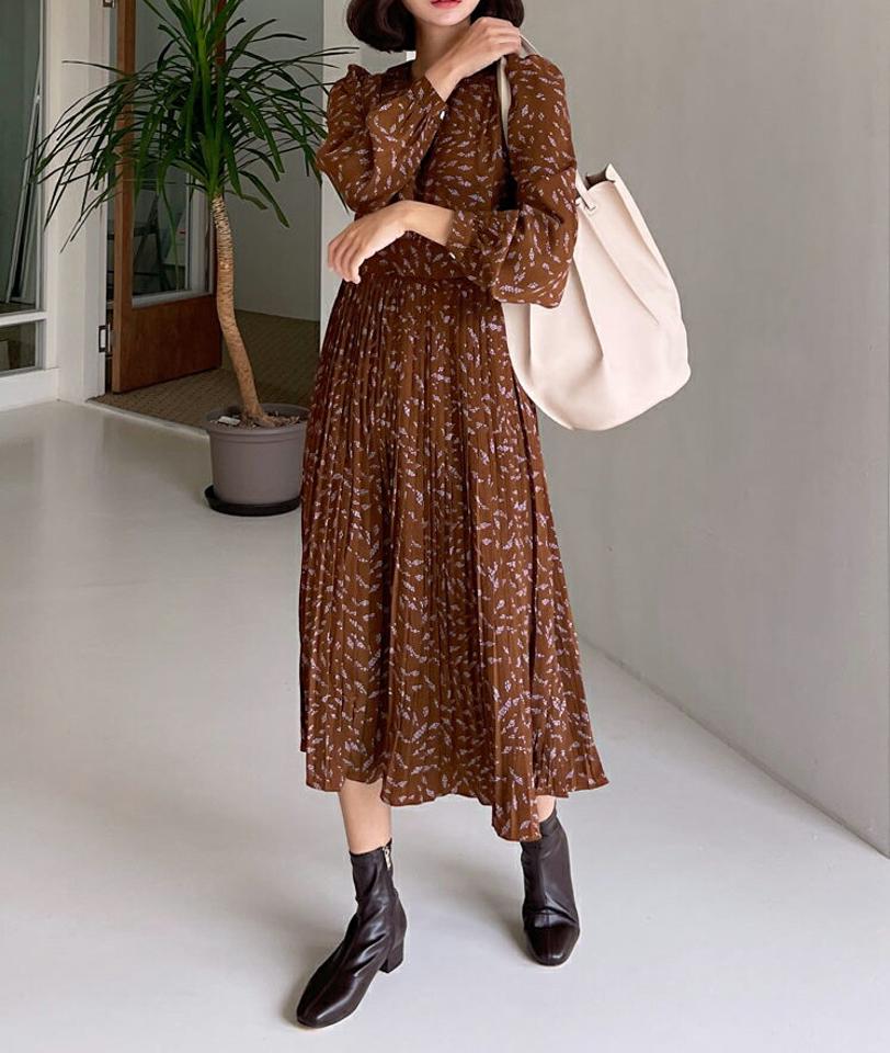 パターンプリーツワンピース・全3色・b62767 レディース 【ops】韓国ファッション ワンピース ロング ロングワンピース 大人 ラウンドネック ムギパターン プリーツ カフス フレア ロング丈 シンプル フェミニン 体型カバー 秋 春