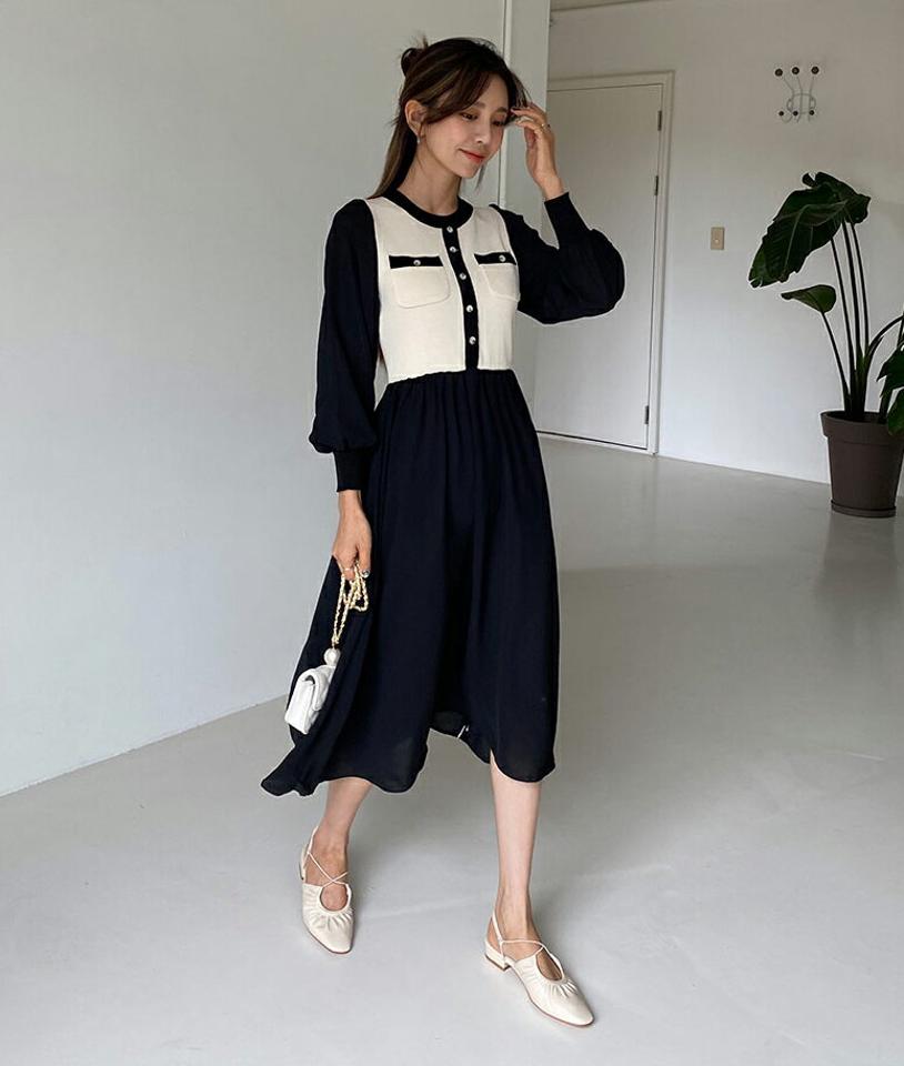 配色ボタンニットシフォンワンピース・全2色・b62766 レディース 【ops】韓国ファッション 異素材ミックス 人気 ワンピース ロング丈 大人 ラウンドネック ニットワンピース ニット 年上 シフォン バイカラー ボタン ロング丈 シンプル フェミニン 秋 春