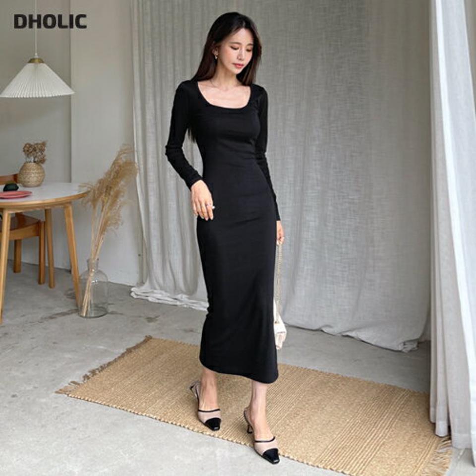 スクエアスリムワンピース・全4色・t62765 レディース 【ops】韓国ファッション ワンピース ロング ロングワンピース 大人 スクエアネック デコルテ スリット スリム ロング丈 シンプル 無地 フェミニン 体型カバー 秋 春