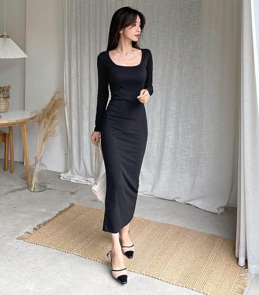 スクエアスリムワンピース・全4色・t62765 レディース 【ops】韓国ファッション ワンピース ロング ロングワンピース 大人 スクエアネック デコルテ スリット スリム ロング丈 シンプル 無地 フェミニン 体型カバー 秋 春