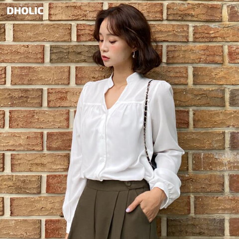 スリットバンドカラーギャザーブラウス・全4色・b62759 レディース 【bl】韓国ファッション トップス ブラウス 長袖 大人 スリット バンドカラー ギャザー ルーズ ロング丈 上品 シンプル フェミニン カジュアル ガーリー 秋 春