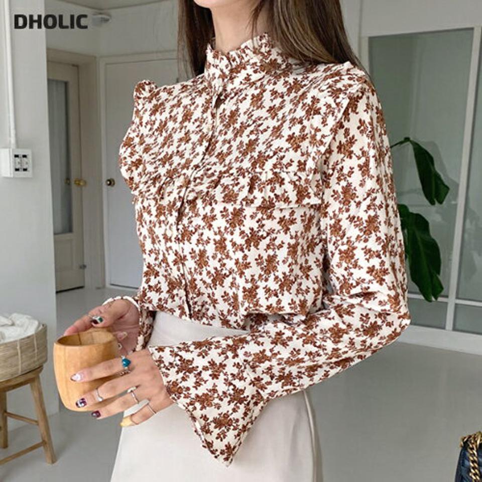 フリルハーフネック花柄ブラウス・全2色・t62788 レディース 【bl】韓国ファッション トップス ブラウス 長袖 大人 ハーフネック 花柄 フラワー フリル ルーズ ロング丈 上品 シンプル フェミニン カジュアル 体型カバー ガーリー 秋 春