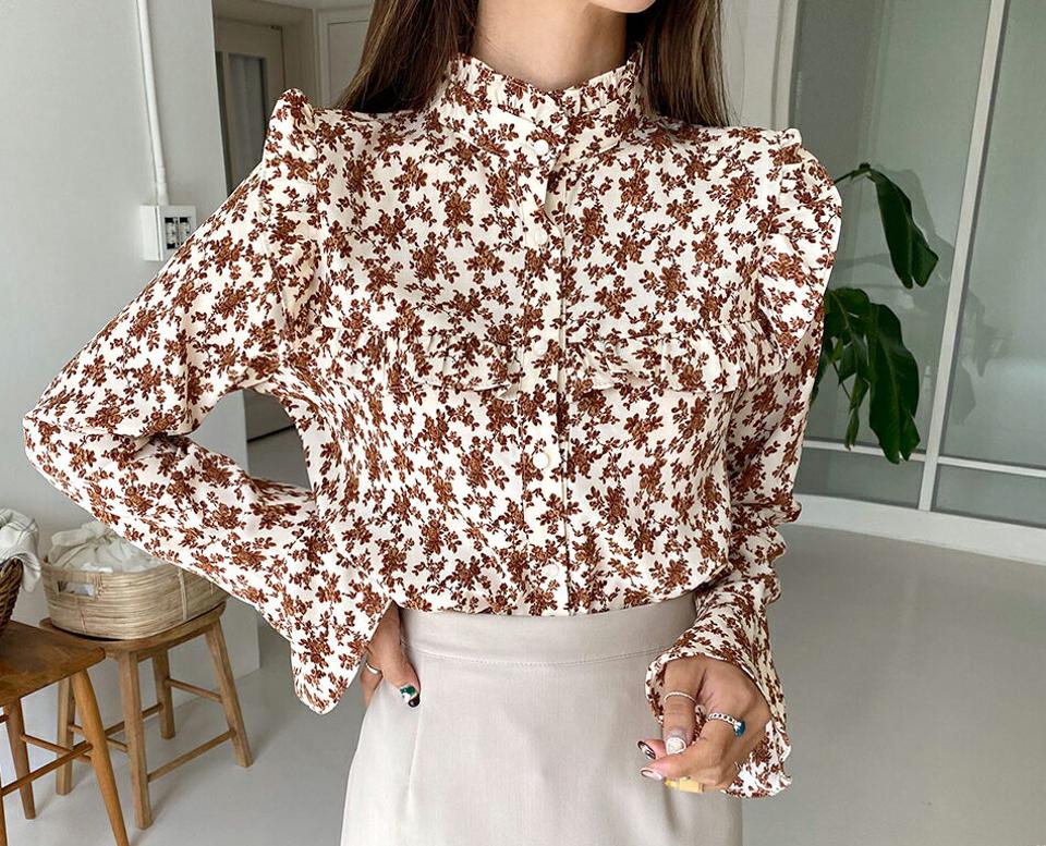 フリルハーフネック花柄ブラウス・全2色・t62788 レディース 【bl】韓国ファッション トップス ブラウス 長袖 大人 ハーフネック 花柄 フラワー フリル ルーズ ロング丈 上品 シンプル フェミニン カジュアル 体型カバー ガーリー 秋 春