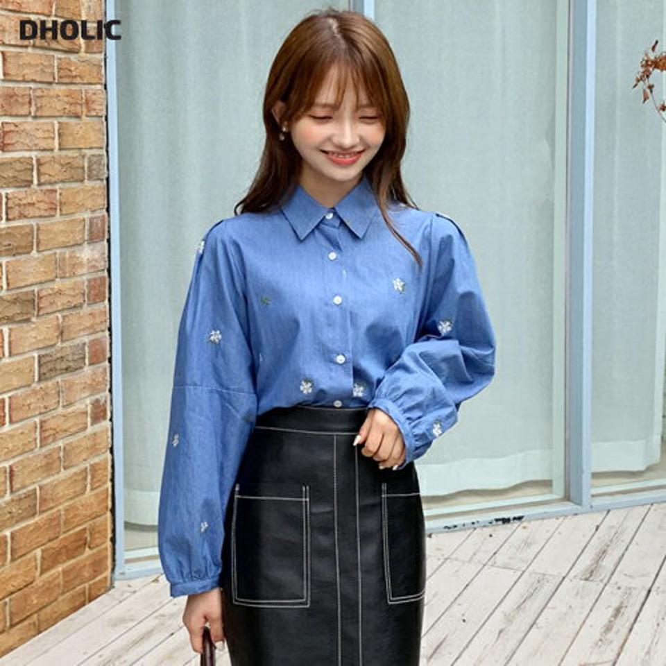 フローラル刺繍シャツ・全1色・t65059 レディース 【bl】韓国ファッション トップス シャツ 長袖 花柄 刺繍 シンプル パフスリーブ ポロ襟 ベーシック フェミニン 上品 体型カバー 細身 春 秋 NIJU