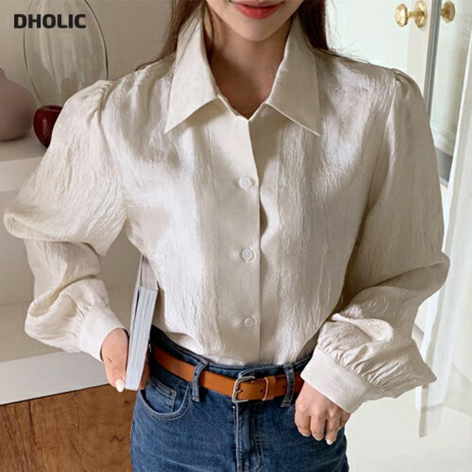 リンクルカラーブラウス・全3色・b65060 レディース 【bl】韓国 ファッション トップス ブラウス 長袖 光沢 パフスリーブ シンプル カットデザイン ベーシック フェミニン 上品 体型カバー 細身 春 秋 NIJU