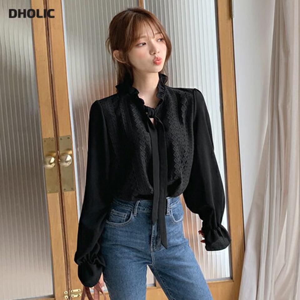 フリルレースリボンブラウス・全2色・t65083 レディース 【bl】韓国ファッション トップス ブラウス 長袖 シンプル レース フリル リボン ネットリボン 襟コン ベーシック フェミニン 上品 細身 春 秋 NIJU