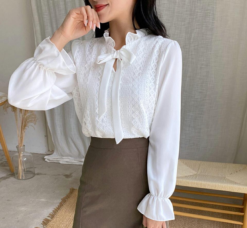 フリルレースリボンブラウス・全2色・t65083 レディース 【bl】韓国ファッション トップス ブラウス 長袖 シンプル レース フリル リボン ネットリボン 襟コン ベーシック フェミニン 上品 細身 春 秋 NIJU