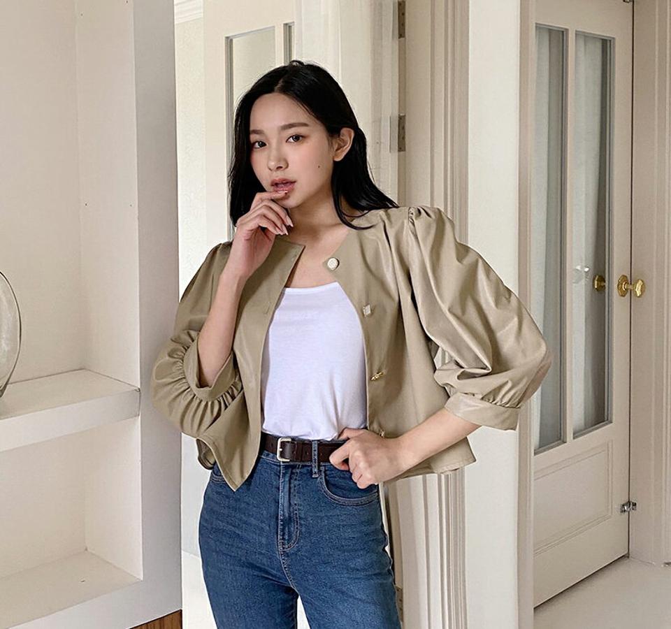 レザー風マルチボタンブラウス・全4色・t65064 レディース 【bl】韓国ファッション トップス ブラウス 長袖 シンプル レザー風 ギャザー ボタン ラウンドネック ベーシック フェミニン 上品 細身 春 秋 NIJU