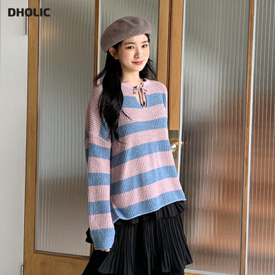 【只今10%OFF】ネックリボンワイドボーダーニット・全3色・t65068 レディース 【tops】韓国ファッション トップス ニット 長袖 スリム ワイド ボーダー パターン ゆったり ルーズ 細身 体型カーバー ガーリー デイリー カジュアル ドロップショルダー 春 秋 NIJU【NIT】
