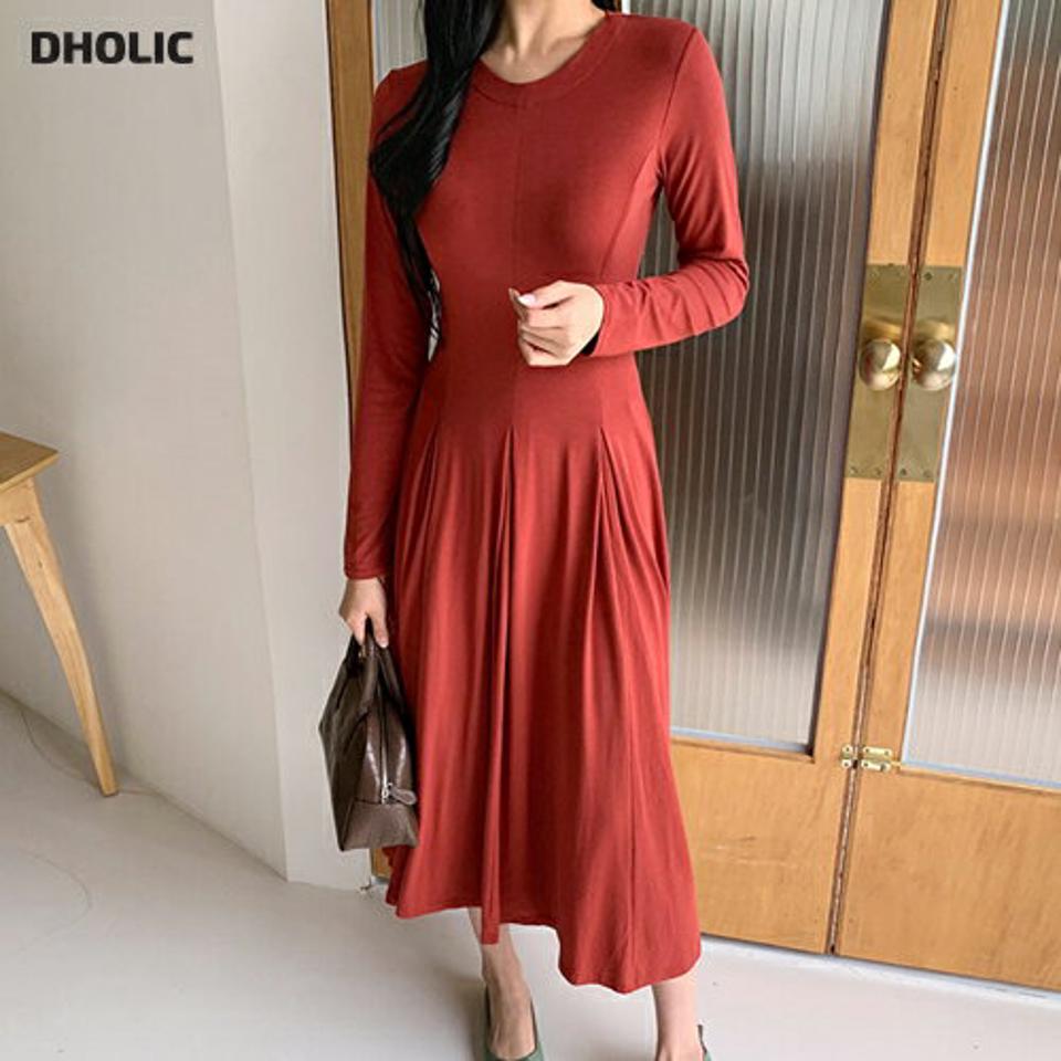 即日配送 ウエストタックフレアワンピース・全4色・b65076 レディース 【ops】韓国ファッション ワンピース ロングワンピース 長袖 フレア タック フィット Aライン ラウンドネック スリム 体型カバー 春 秋 NIJU