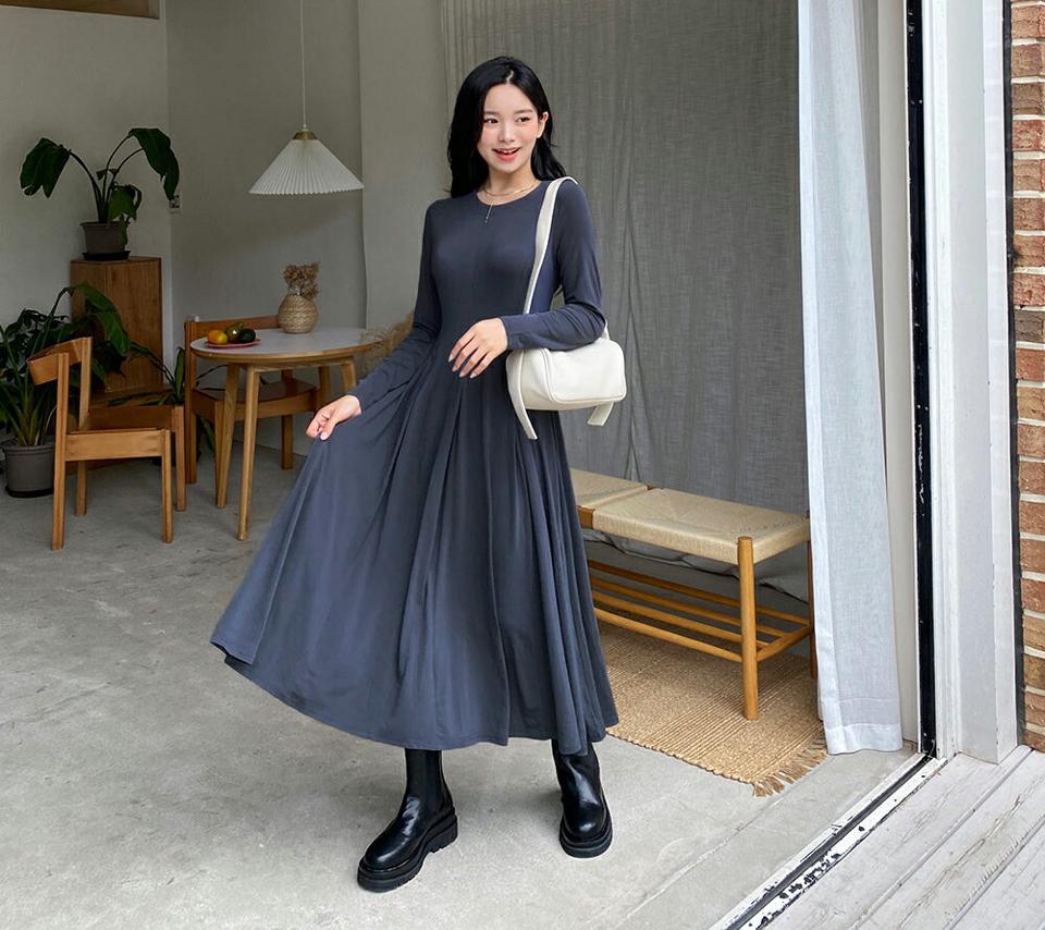 即日配送 ウエストタックフレアワンピース・全4色・b65076 レディース 【ops】韓国ファッション ワンピース ロングワンピース 長袖 フレア タック フィット Aライン ラウンドネック スリム 体型カバー 春 秋 NIJU