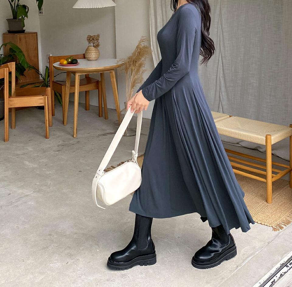 即日配送 ウエストタックフレアワンピース・全4色・b65076 レディース 【ops】韓国ファッション ワンピース ロングワンピース 長袖 フレア タック フィット Aライン ラウンドネック スリム 体型カバー 春 秋 NIJU