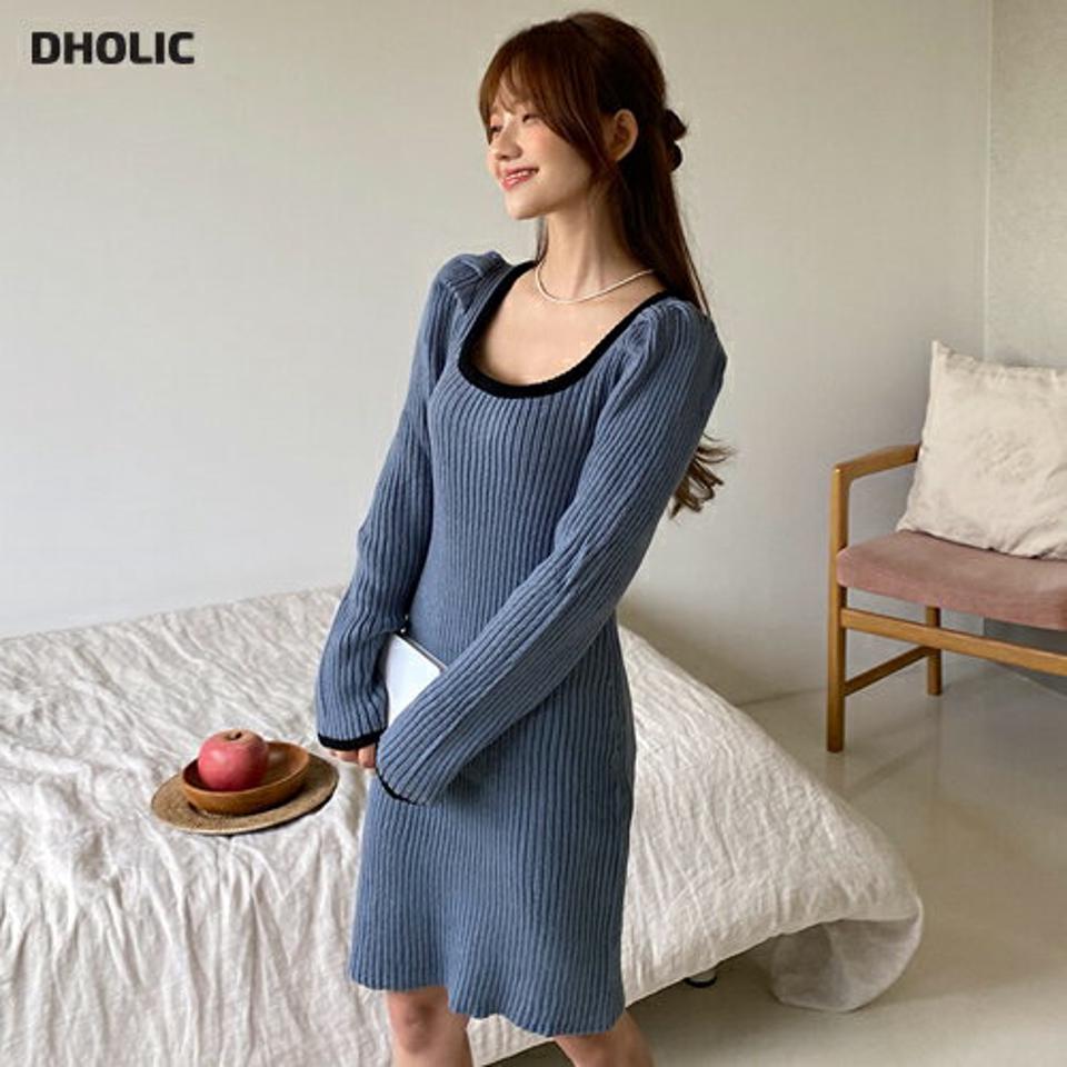 2WAY配色ラインニットワンピース・全4色・b65077 レディース 【ops】韓国ファッション ワンピース ミニ ミニワンピース 長袖 配色 2WAY ニット リブ フィット スクエアネック デコルテ カラーニット パフショルダー スリム 体型カバー 春 秋 NIJU