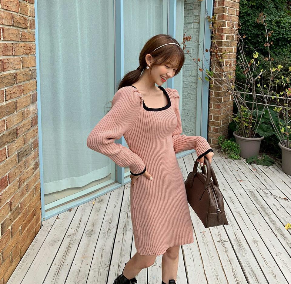 2WAY配色ラインニットワンピース・全4色・b65077 レディース 【ops】韓国ファッション ワンピース ミニ ミニワンピース 長袖 配色 2WAY ニット リブ フィット スクエアネック デコルテ カラーニット パフショルダー スリム 体型カバー 春 秋 NIJU