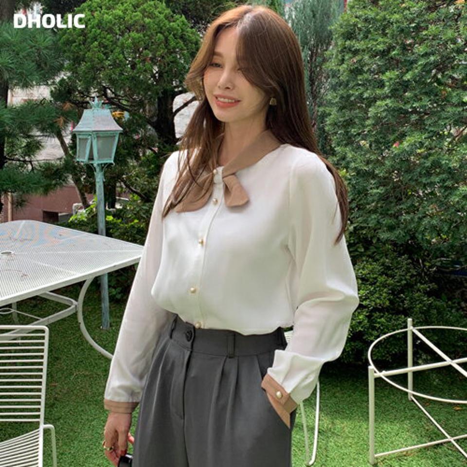 フェイクパールリボン配色ブラウス・全4色・t70019 レディース 【bl】トップス ブラウス 長袖 配色 パールボタン 大人 きれいめ シンプル フェミニン オフィスカジュアル 春 秋 韓国ファッション ハイホリHIHOLLI