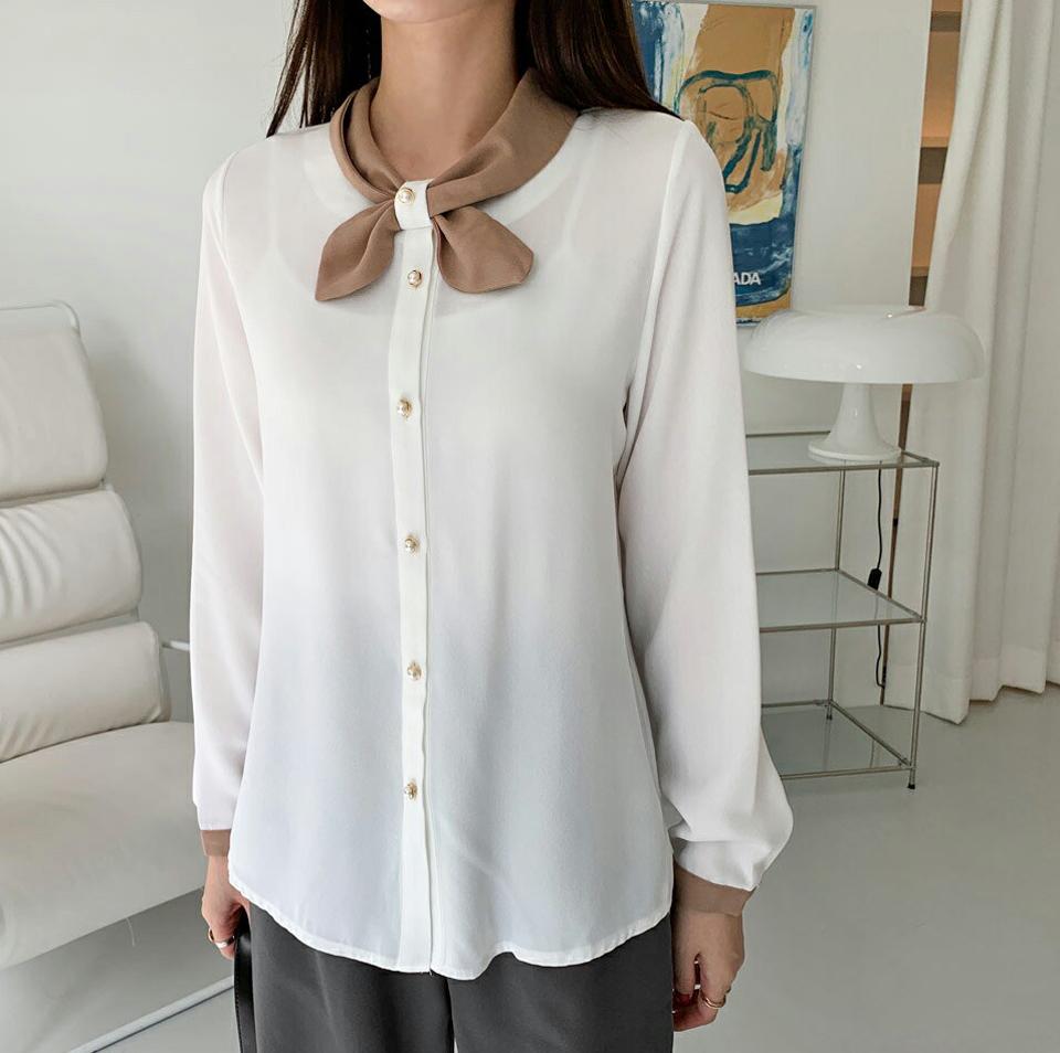 フェイクパールリボン配色ブラウス・全4色・t70019 レディース 【bl】トップス ブラウス 長袖 配色 パールボタン 大人 きれいめ シンプル フェミニン オフィスカジュアル 春 秋 韓国ファッション ハイホリHIHOLLI