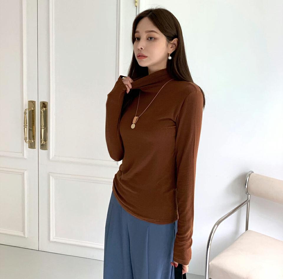 タートルネックTシャツ・全6色・t70027 レディース 【tops】トップス Tシャツ 長袖 ロングT タートルネック 単色 無地 シンプル ベーシック 透け感 大人 カジュアル 春 秋 韓国ファッション ハイホリHIHOLLI