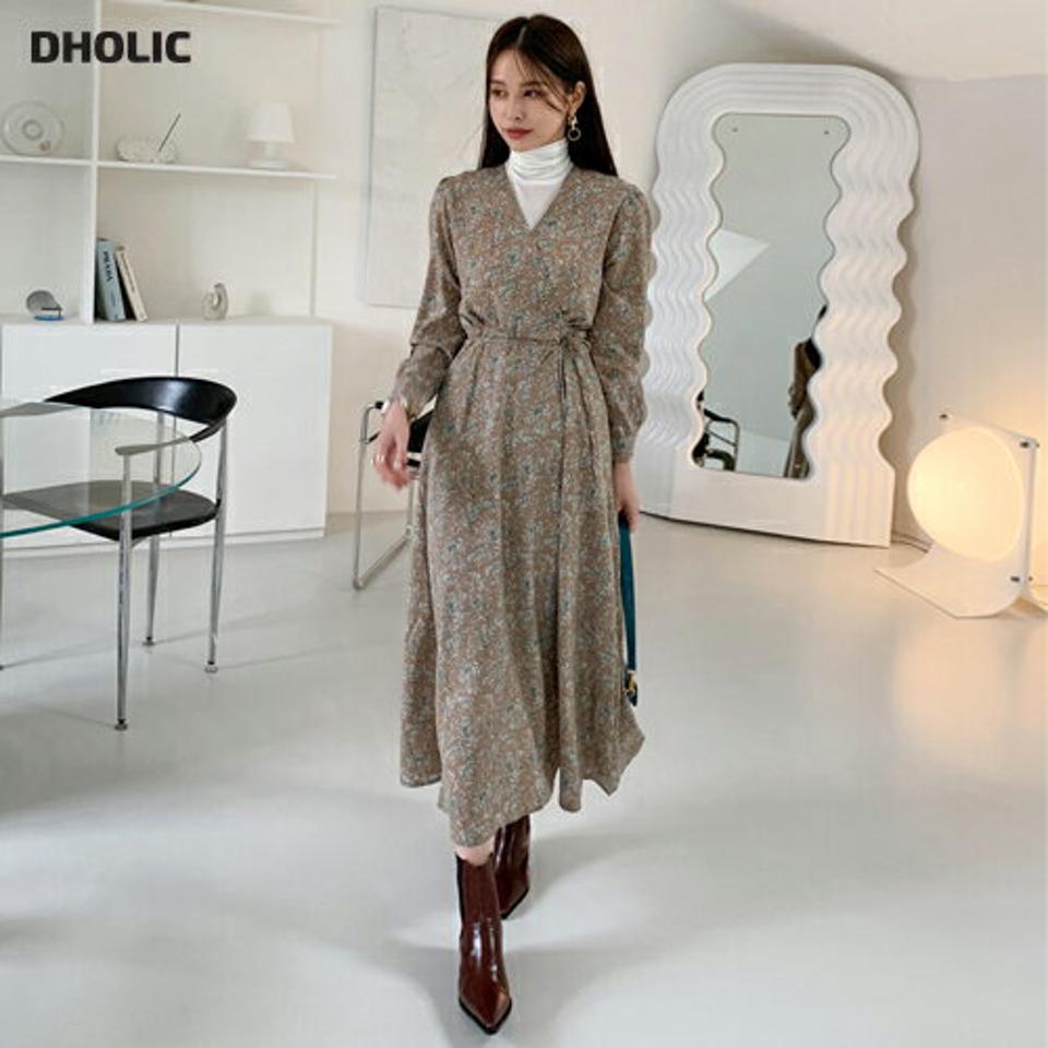 Vネックプパターンリボンワンピース・全2色・t70029 レディース 【ops】ワンピース ロング 長袖 りぼん 花柄 Vネック フェミニン 揺れ感 春 秋 韓国 ファッション ハイホリHIHOLLI