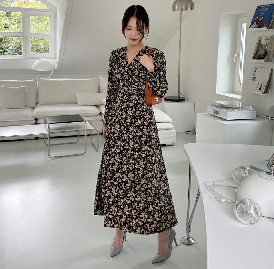 Vネックプパターンリボンワンピース・全2色・t70029 レディース 【ops】ワンピース ロング 長袖 りぼん 花柄 Vネック フェミニン 揺れ感 春 秋 韓国 ファッション ハイホリHIHOLLI