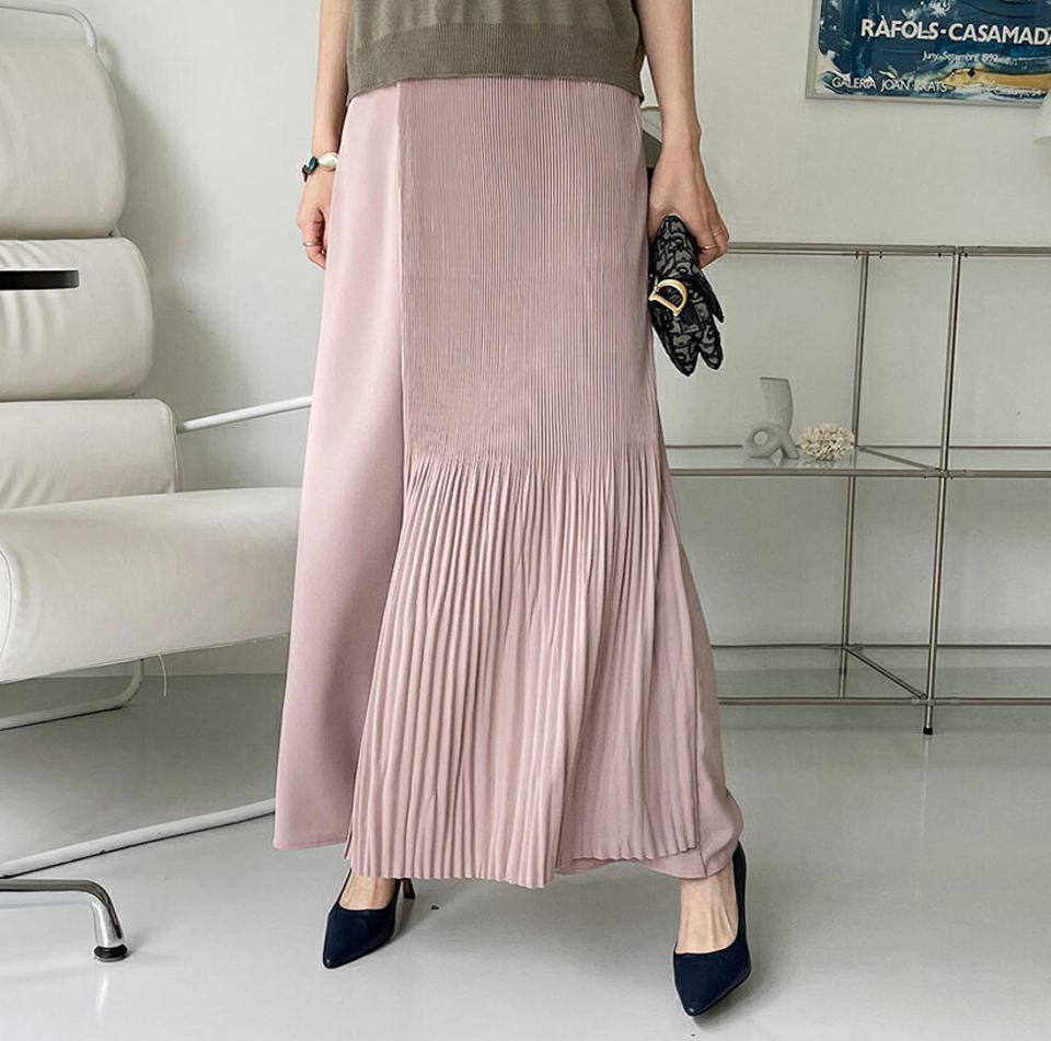 ハーフプリーツワイドパンツ・全3色・b70052 レディース 【pt】パンツ ズボン ロングパンツ ワイド プリーツ ユニーク 大人 春 秋 韓国ファッション ハイホリHIHOLLI