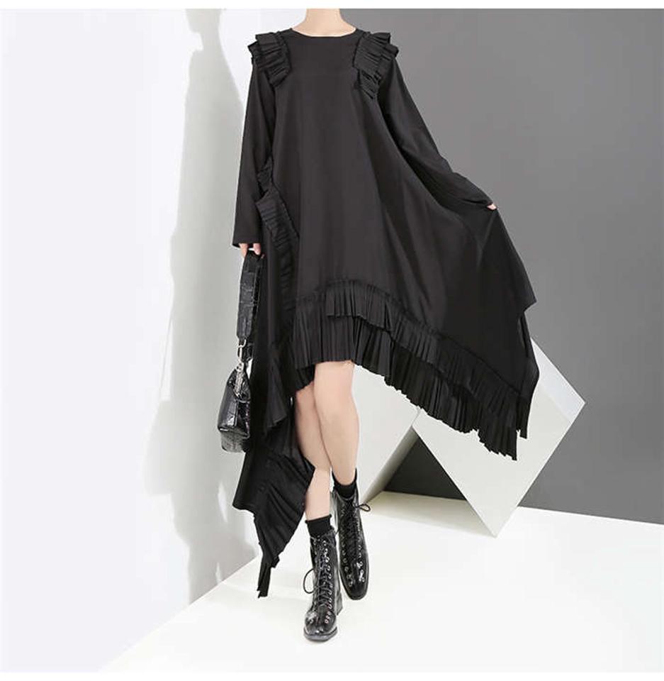 ワンピース アシンメトリー ロングワンピース レディース 長袖 上品 秋 ロングワンピ ダブルフリル フィッシュテール ワンピース ティアード ヘムカット ワンピ イレギュラーヘム ゴシック モード系 黒 ブラック ドレープ モノクロ きれいめ 送料無料