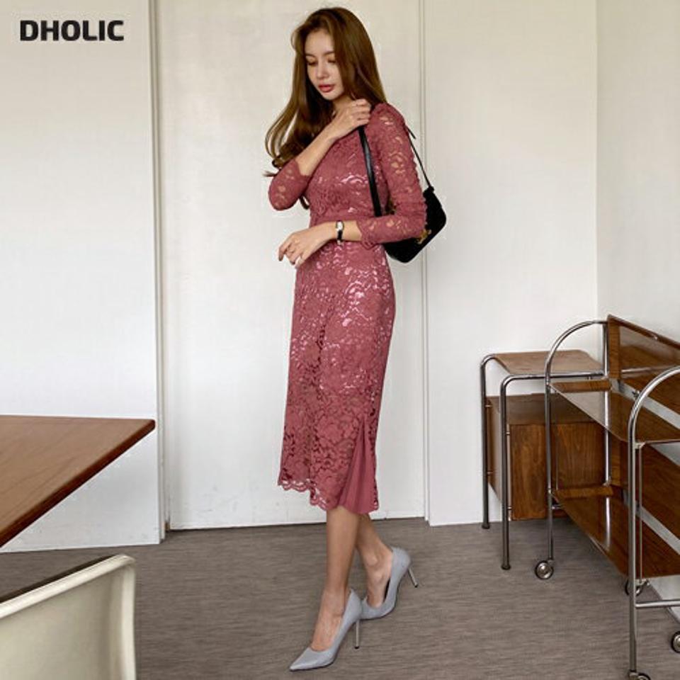 即日配送 ウエストボタンレースワンピース・全2色・b70122 レディース 【ops】 ワンピース ロングワンピース ボタン レース 花柄 フラワー プリーツ 長袖 体型カバー 異素材 フェミニン ラウンドネック 春 秋 韓国ファッション ハイホリHIHOLLI