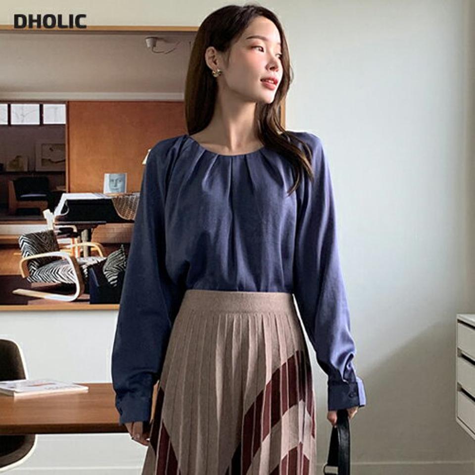 タックネックブラウス・全3色・t70120 レディース 【bl】 トップス ブラウス 長袖 大人 ユニーク タックネック オフィスカジュアル フェミニン ルーズ 上品 春 秋 韓国ファッション ハイホリHIHOLLI