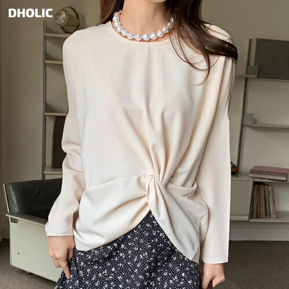 ツイストブラウス・全3色・b70123 レディース 【bl】 トップス ブラウス 長袖 大人 ユニーク ツイスト フェミニン カジュアル ルーズ 上品 アンバランス ヒップライン 春 秋 韓国 ファッション ハイホリHIHOLLI