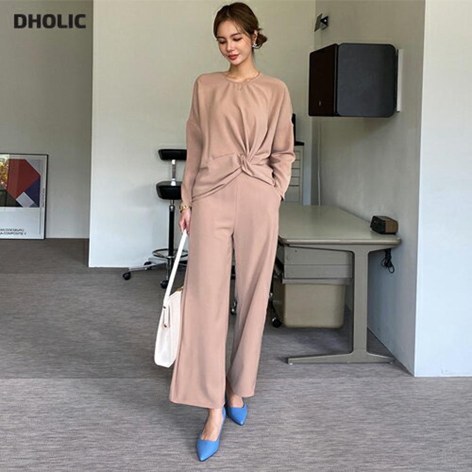 ツイストブラウス&バックゴムワイドパンツSET・全2色・b70124 レディース 【pt】 ボトムス ロング ロングパンツ ベーシック セットアップ セット ワイド ルーズ 体型カバー ワンマイルウェア 着痩せ ツイスト 春 秋 韓国ファッション ハイホリHIHOLLI