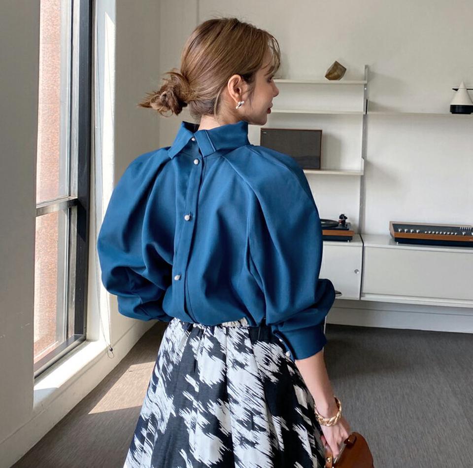 タートルネックバックフェイクパールブラウス・全4色・b70126 レディース 【bl】 トップス ブラウス 長袖 大人 ユニーク タートルネック カラーアイテム フェミニン カジュアル 上品 パール ボタン オフィス 学校行事 春 秋 韓国ファッション ハイホリHIHOLLI