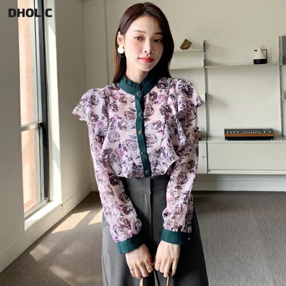 フラワーシフォンボタンブラウス・全2色・t70128 レディース 【bl】 トップス ブラウス 長袖 大人 ユニーク シフォン 花柄 フラワー パターン ハーフネック フェミニン カジュアル 上品 春 秋 韓国 ファッション ハイホリHIHOLLI