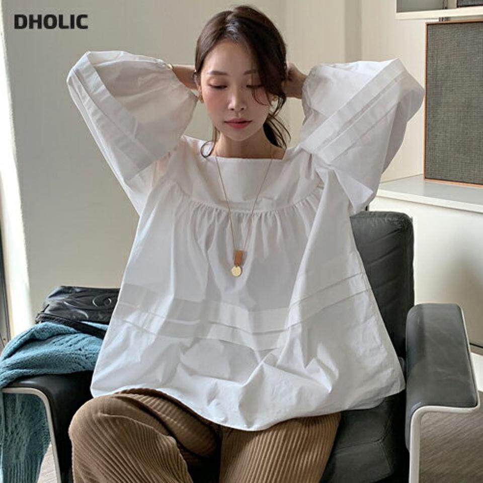 コットンスクエアネックベールブラウス・全2色・t70130 レディース 【bl】 トップス ブラウス 長袖 大人 ユニーク スクエアネック ギャザー デコルテ フェミニン カジュアル 上品 ルーズ ゆった り 春 秋 韓国ファッション ハイホリHIHOLLI