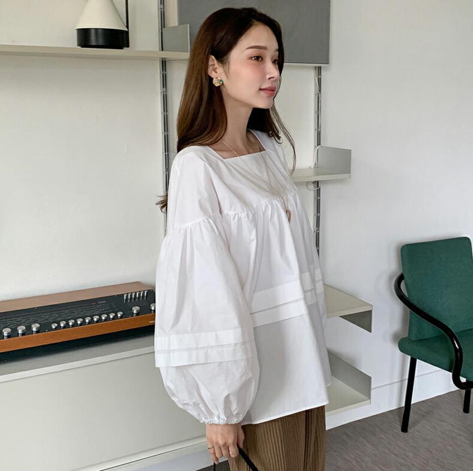 コットンスクエアネックベールブラウス・全2色・t70130 レディース 【bl】 トップス ブラウス 長袖 大人 ユニーク スクエアネック ギャザー デコルテ フェミニン カジュアル 上品 ルーズ ゆった り 春 秋 韓国ファッション ハイホリHIHOLLI