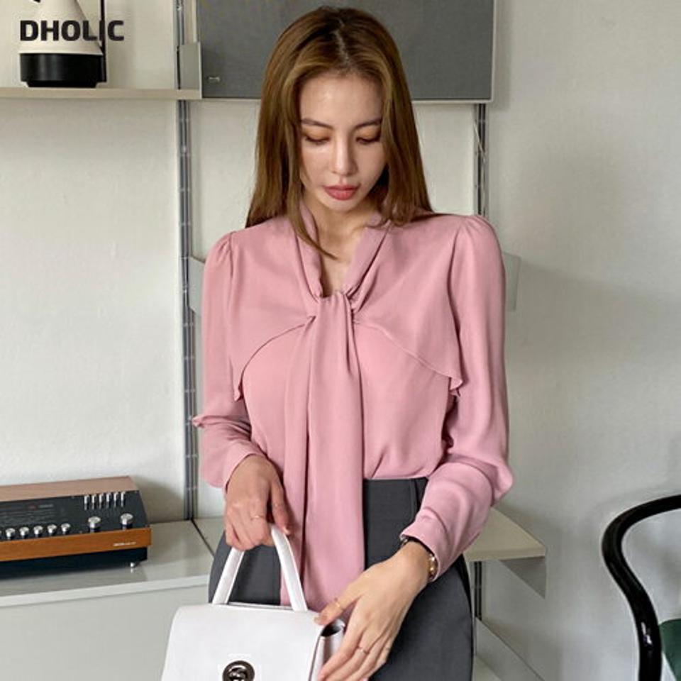 ラッフルリボンブラウス・全4色・b70134 レディース 【bl】 トップス ブラウス 長袖 大人 ユニーク ラッフル リボン 小顔 フェミニン カジュアル ショール風 上品 ピンク オフィスカジュアル ボウタイ 春 秋 韓国ファッション HIHOLLI