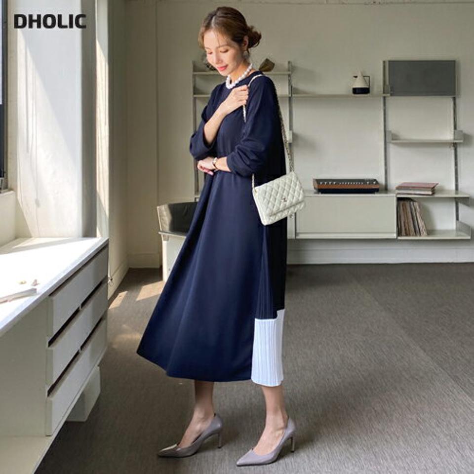 配色バックプリーツワンピース・全3色・t70135 レディース 【ops】 ワンピース ロングワンピース リブ 配色 メリハリ プリーツ 長袖 体型カバー 異素材 フェミニン ラウンドネック 春 秋 韓国ファッション ハイホリHIHOLLI