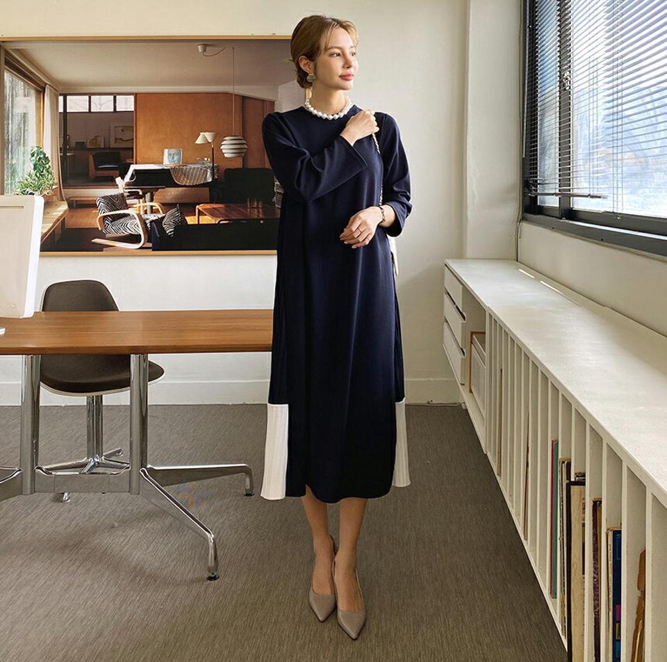 配色バックプリーツワンピース・全3色・t70135 レディース 【ops】 ワンピース ロングワンピース リブ 配色 メリハリ プリーツ 長袖 体型カバー 異素材 フェミニン ラウンドネック 春 秋 韓国ファッション ハイホリHIHOLLI