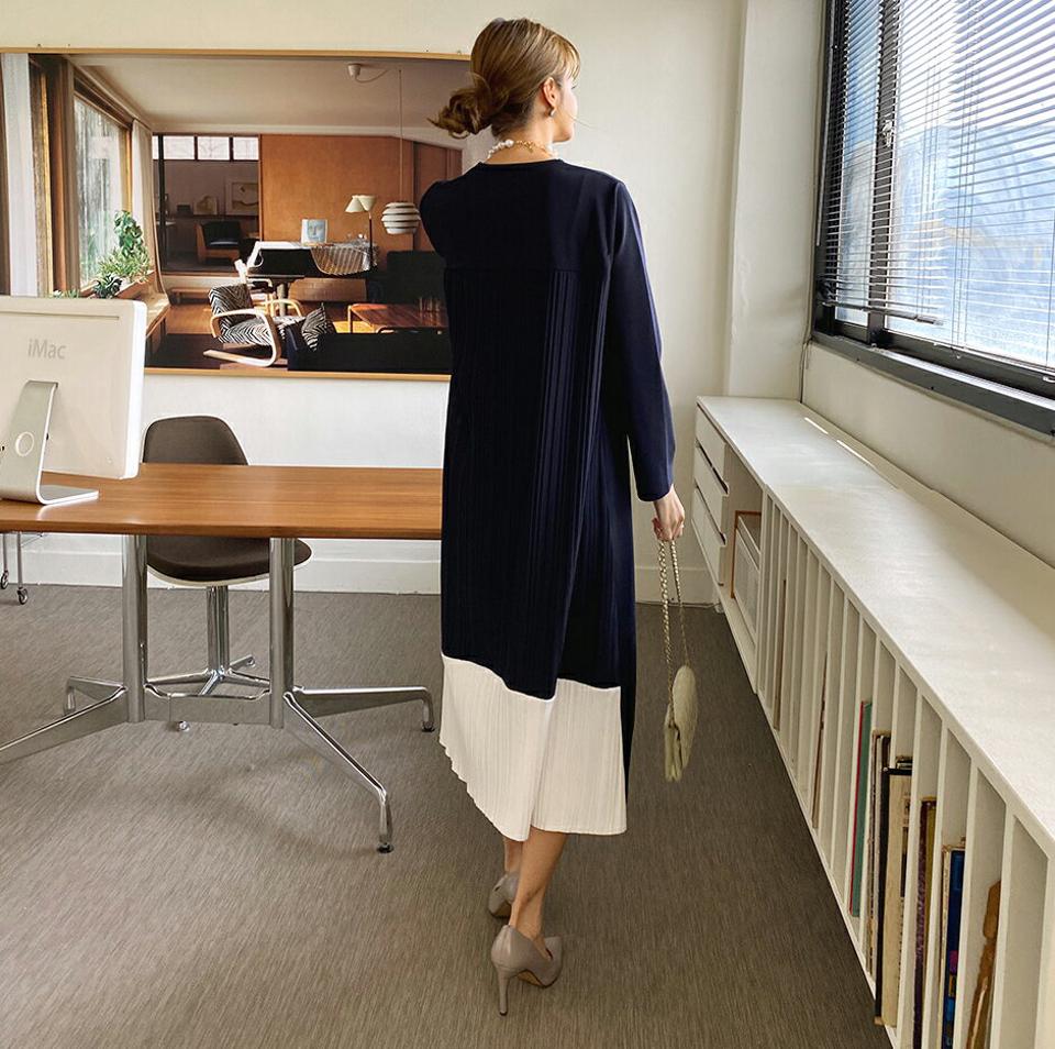 配色バックプリーツワンピース・全3色・t70135 レディース 【ops】 ワンピース ロングワンピース リブ 配色 メリハリ プリーツ 長袖 体型カバー 異素材 フェミニン ラウンドネック 春 秋 韓国ファッション ハイホリHIHOLLI