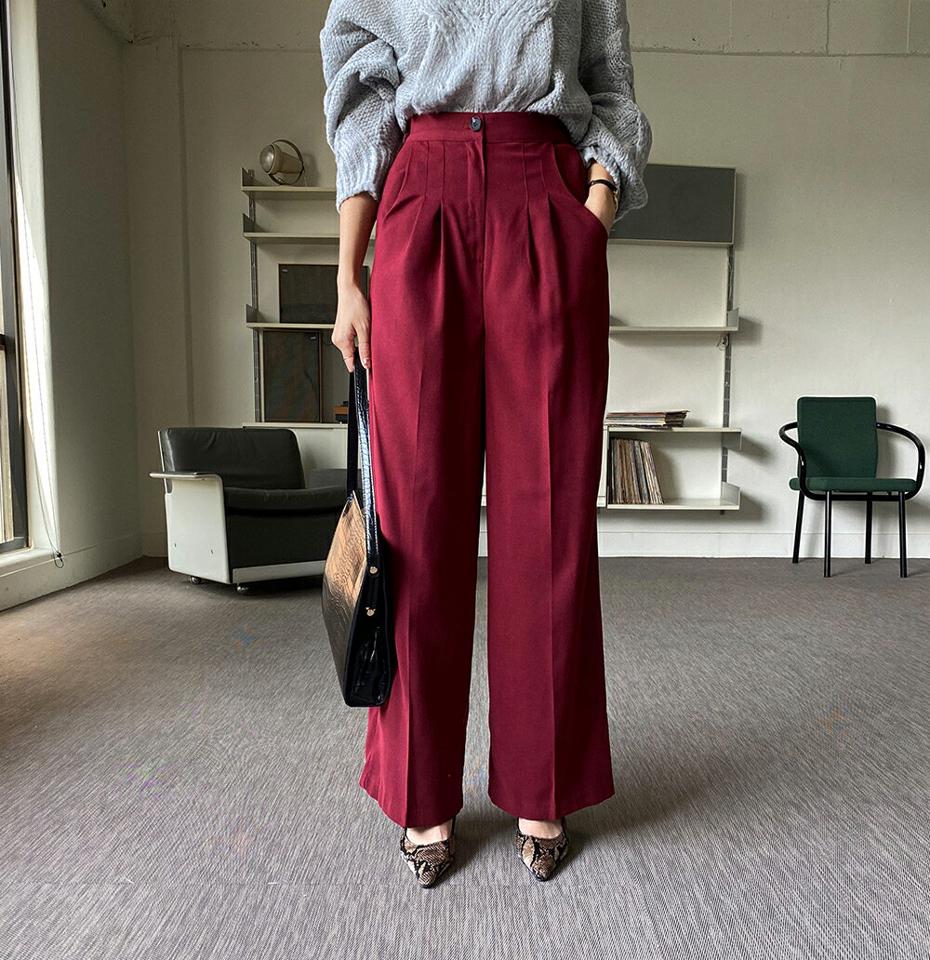 バックゴムボタンタックスラックス・全3色・t70140 レディース 【pt】 ボトムス ロング ロングパンツ ベーシック ワイド ボタン カラーパンツ タック ルーズ 足長 着痩せ スリム ストレート 春 秋 韓国ファッション ハイホリHIHOLLI