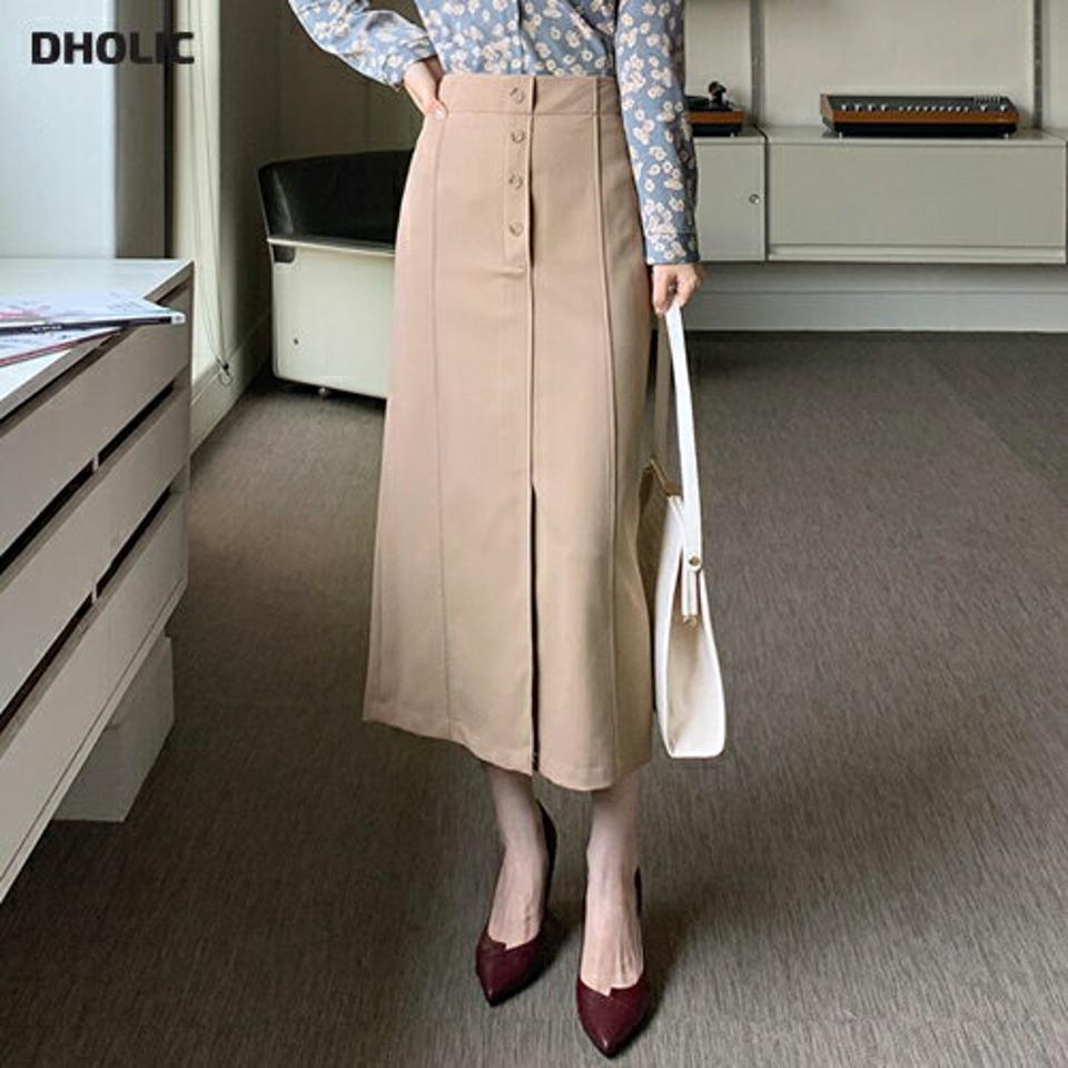 バックゴムボタンHラインスカート・全2色・t70144 レディース 【sk】 ボトムス スカート ロング ロングスカート スリム スリット ボタン Hライン 大人 カジュアル 上品 フェミニン 細身 春 秋 韓国ファッション ハイホリHIHOLLI