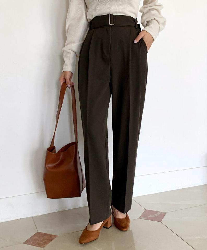 ベルト付タックワイドパンツ・全3色・t62818 レディース 【pt】韓国ファッション ボトムス ロング ロングパンツ ベルト付 タック ワイドパンツ ワイド 体型カバー ポケット シンプル カジュアル デイリー 足長 美脚 フェミニン 秋 春