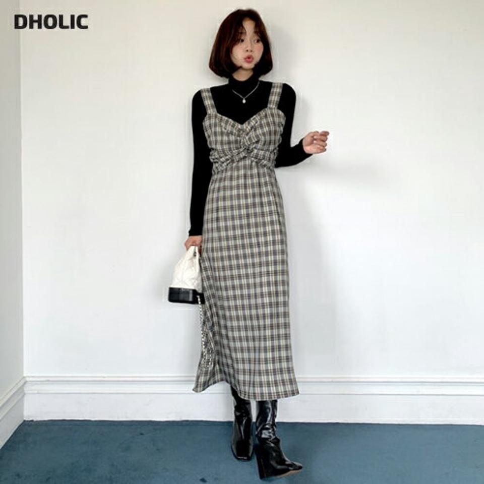 チェックツイストビスチェワンピース・全3色・t00362 レディース 【ops】韓国ファッション ワンピース ロング ロングワンピース 大人 Vネック チェック ツイスト スリーブレス ビスチェ ロング丈 Aライン シンプル フェミニン 体型カバー 秋 春