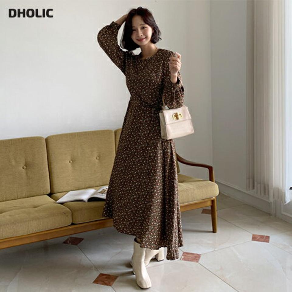 ストラップ付フローラルワンピース・全2色・t62810 レディース 【ops】韓国ファッション ワンピース ロング ロングワンピース 長袖 大人 ラウンドネック フローラル 花柄 ストラップ付 シフォン ロング丈 シンプル フェミニン 体型カバー 秋 春