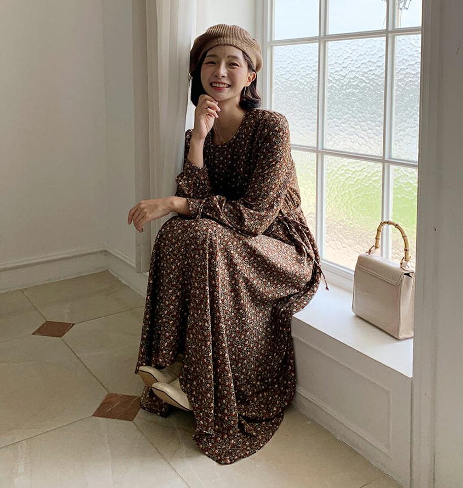 ストラップ付フローラルワンピース・全2色・t62810 レディース 【ops】韓国ファッション ワンピース ロング ロングワンピース 長袖 大人 ラウンドネック フローラル 花柄 ストラップ付 シフォン ロング丈 シンプル フェミニン 体型カバー 秋 春