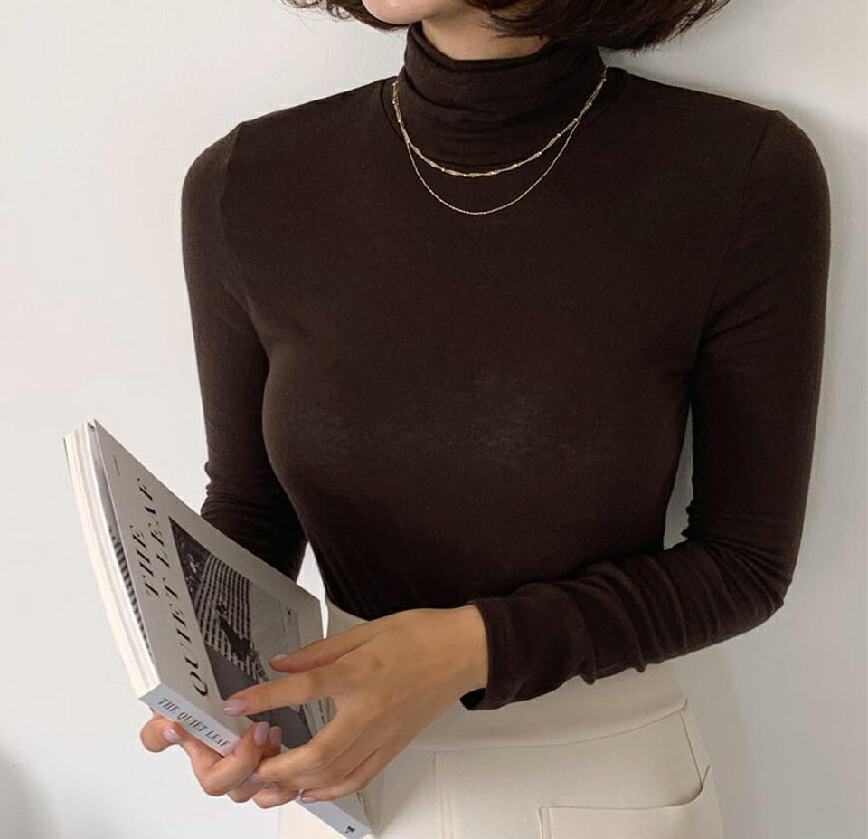 タートルネックTシャツ・全5色・t62798 レディース 【tops】韓国ファッション トップス Tシャツ 大人 長袖 タートルネック ベーシック 無地 シンプル カジュアル スリム ガーリー 体型カーバー フェミニン 上品 デイリー 秋 春