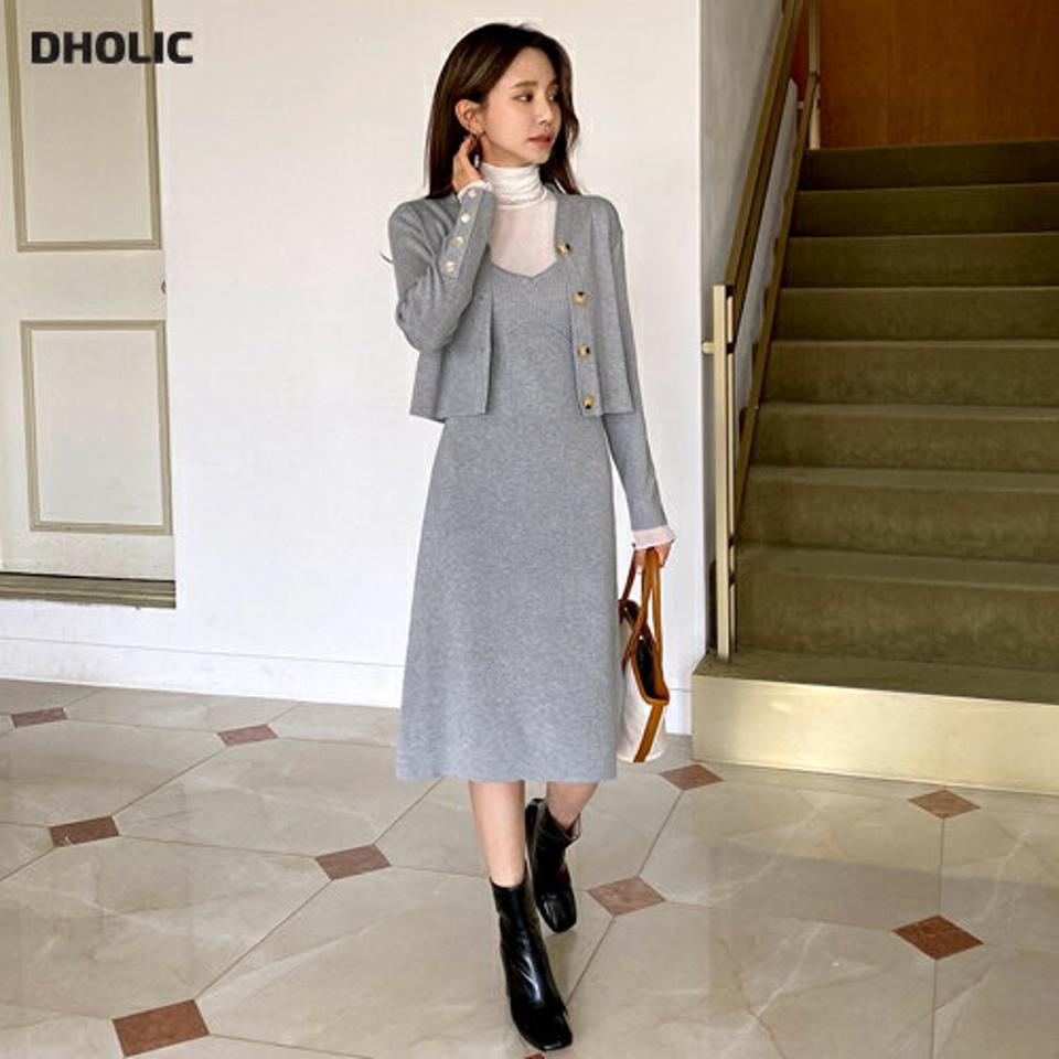 ニットキャミワンピ&カーディガンSET・全2色・b62808 レディース 【ops】韓国ファッション ワンピース ミディ ミディワンピース カーディガン ニットワンピース セット ミディ丈 長袖 着痩せ シンプル カジュアル フェミニン 秋 春