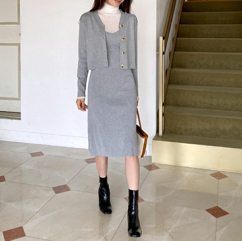 ニットキャミワンピ&カーディガンSET・全2色・b62808 レディース 【ops】韓国ファッション ワンピース ミディ ミディワンピース カーディガン ニットワンピース セット ミディ丈 長袖 着痩せ シンプル カジュアル フェミニン 秋 春