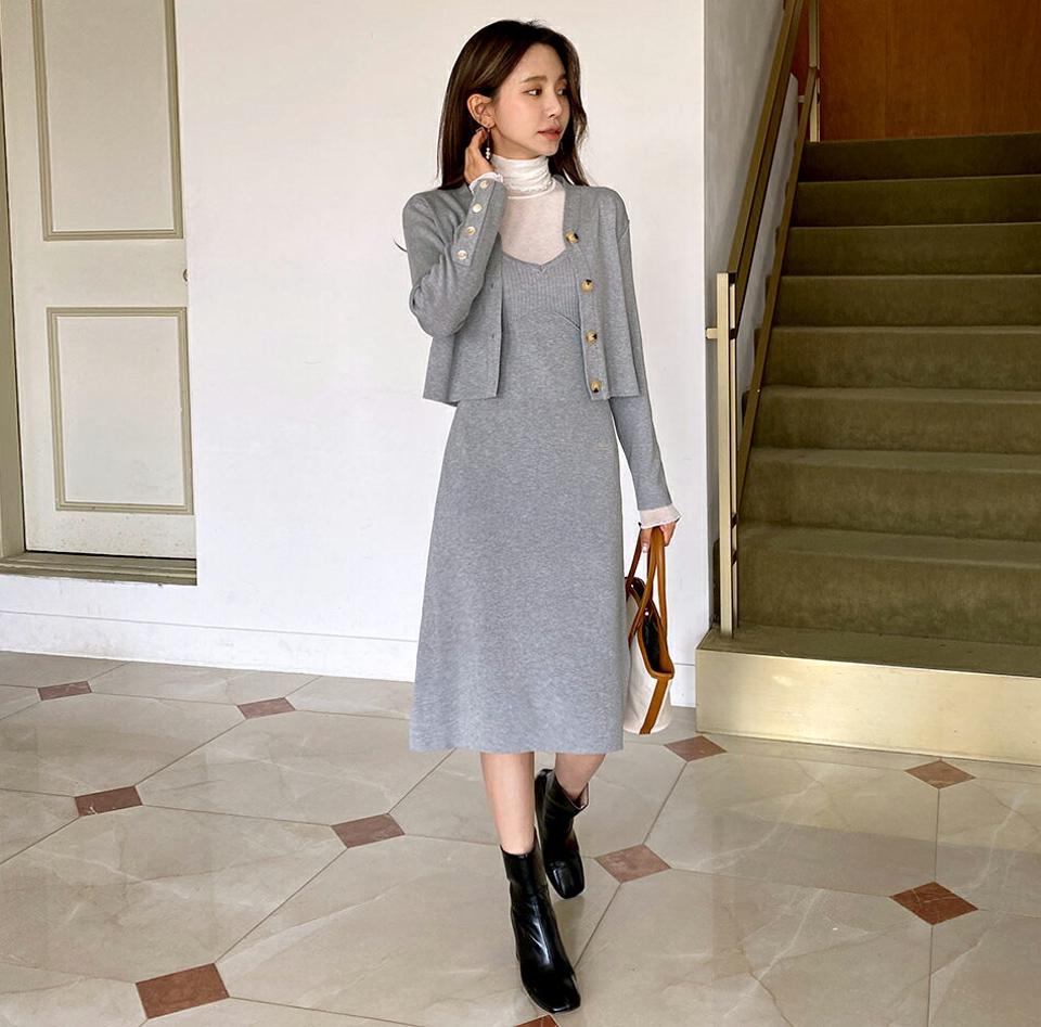 ニットキャミワンピ&カーディガンSET・全2色・b62808 レディース 【ops】韓国ファッション ワンピース ミディ ミディワンピース カーディガン ニットワンピース セット ミディ丈 長袖 着痩せ シンプル カジュアル フェミニン 秋 春