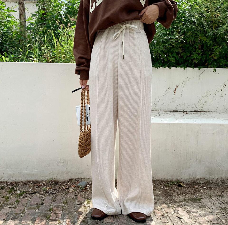 センタープレスリブワイドパンツ・全3色・t62817 レディース 【pt】韓国ファッション ボトムス ロング ロングパンツ センタープレス リブ ワイドパンツ ワイド ポケット シンプル デイリー 足長 美脚 フェミニン 秋 春